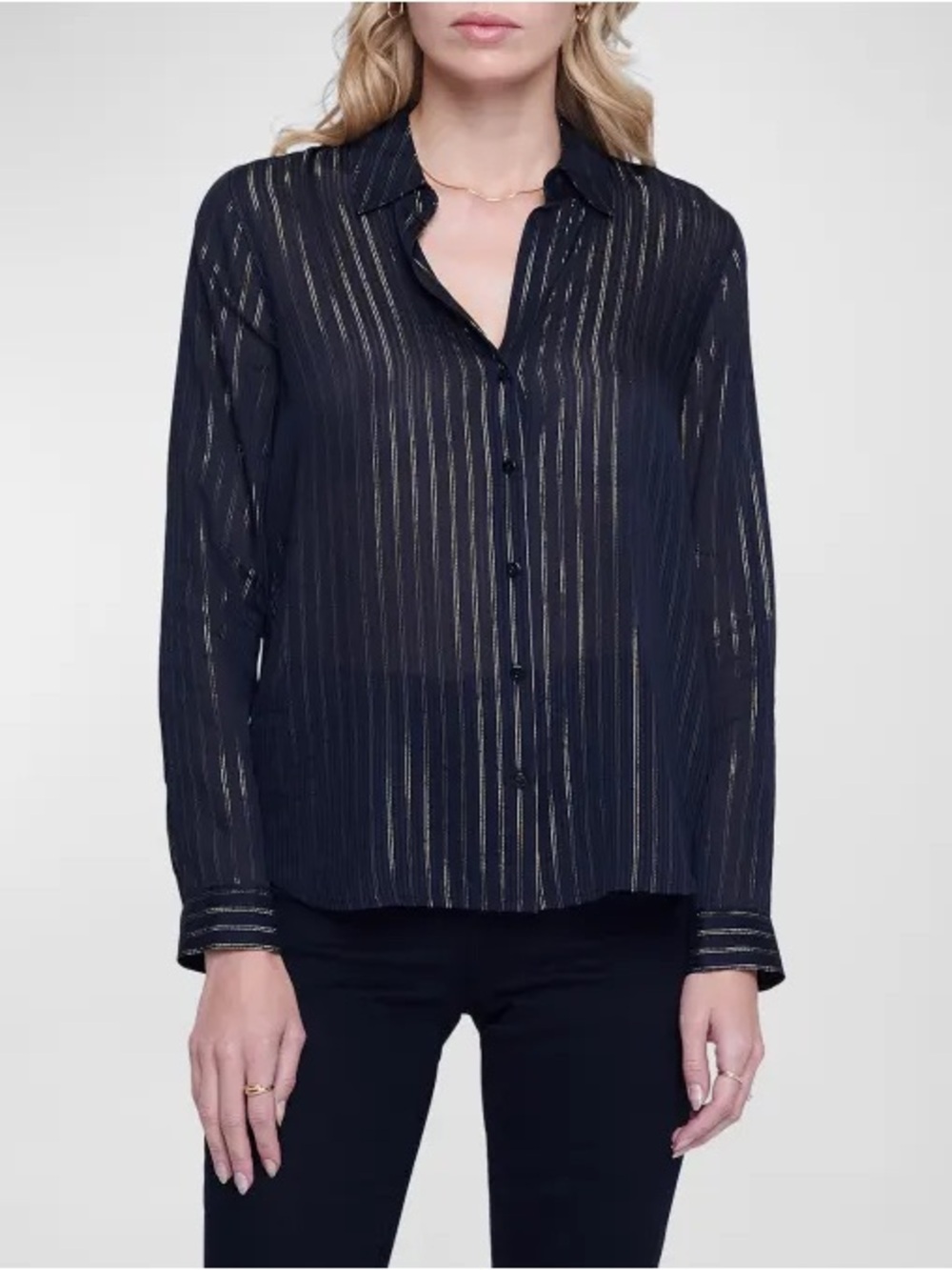 L'AGENCE Laurent Button Shirt Sheer Black Gold Metallic Stripe XS - Picture 2 of 10